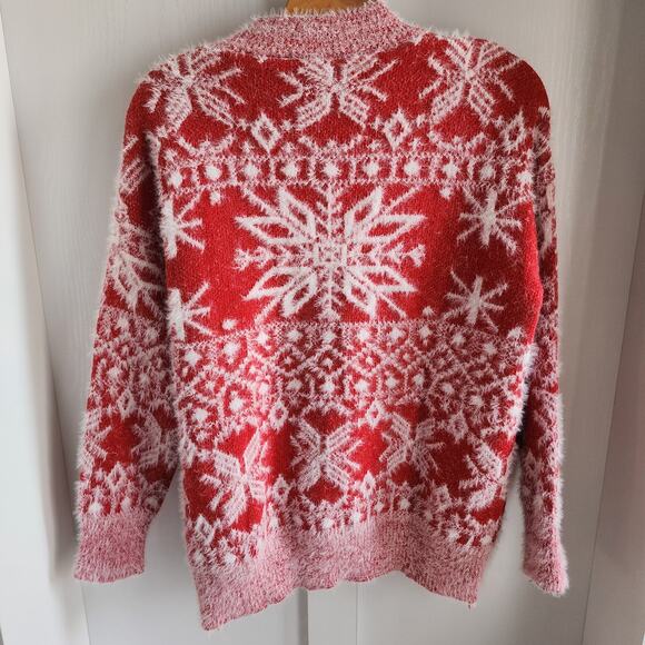 Fair Isle Nordic Style Sweater Cozy Christmas Snowflake Red White Women's Medium - Picture 4 of 6